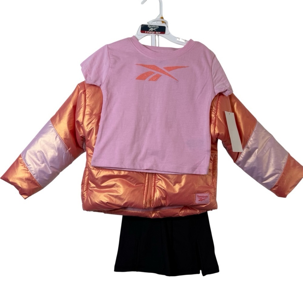 Reebok Girls 3-Pc Set Metallic Puffer Jacket Pink Tee & Black Leggings NWT